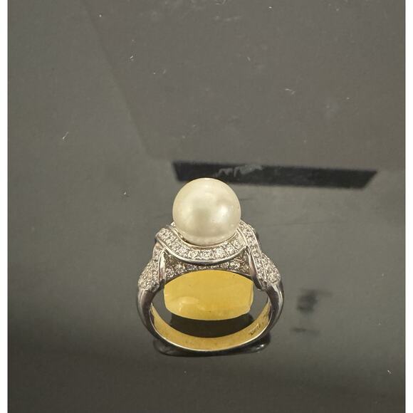 Size 6.5 Engagement Set Ring Pearl, Zircon, Sterling Silver, Rhodium Plated - Picture 5 of 7